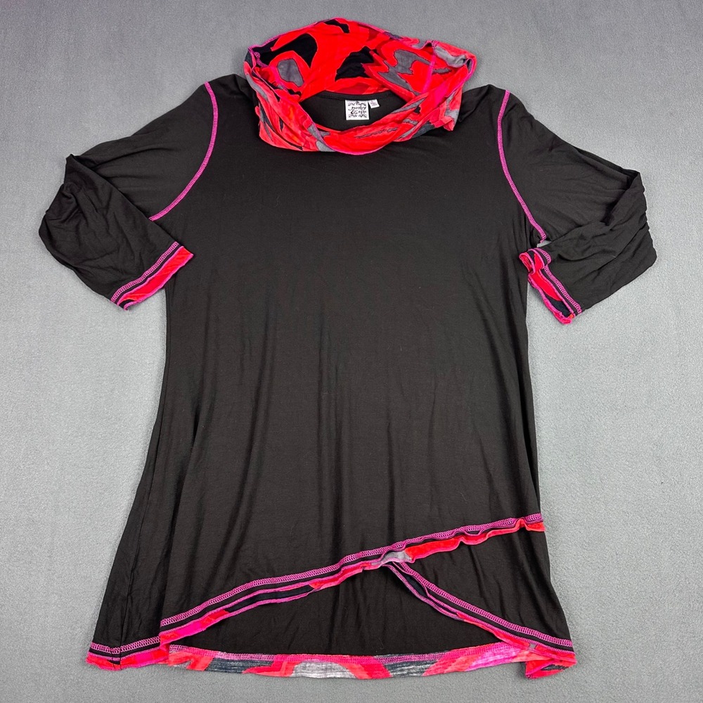 Parsley & Sage Black Red Abstract Cowl Neck Asymmetrical Tunic Top Large